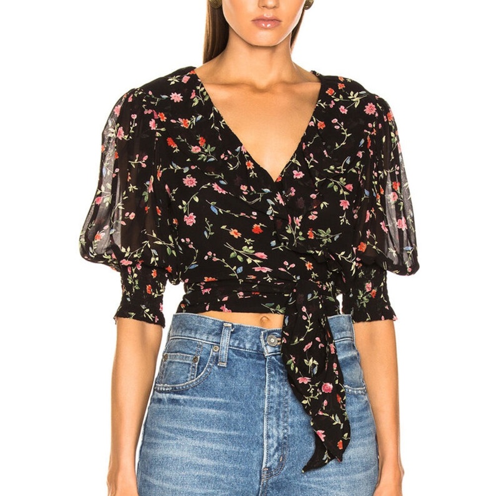 GANNI Elm Floral Print Georgette Wrap
Top, Black Size 38 (US 6)